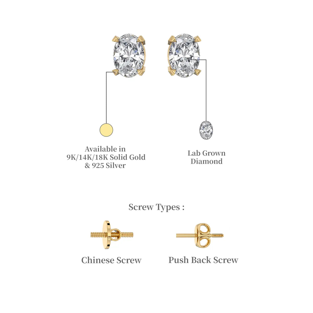 Descriptive image of yellow gold dan 蛋 oval diamond solitaire stud earrings