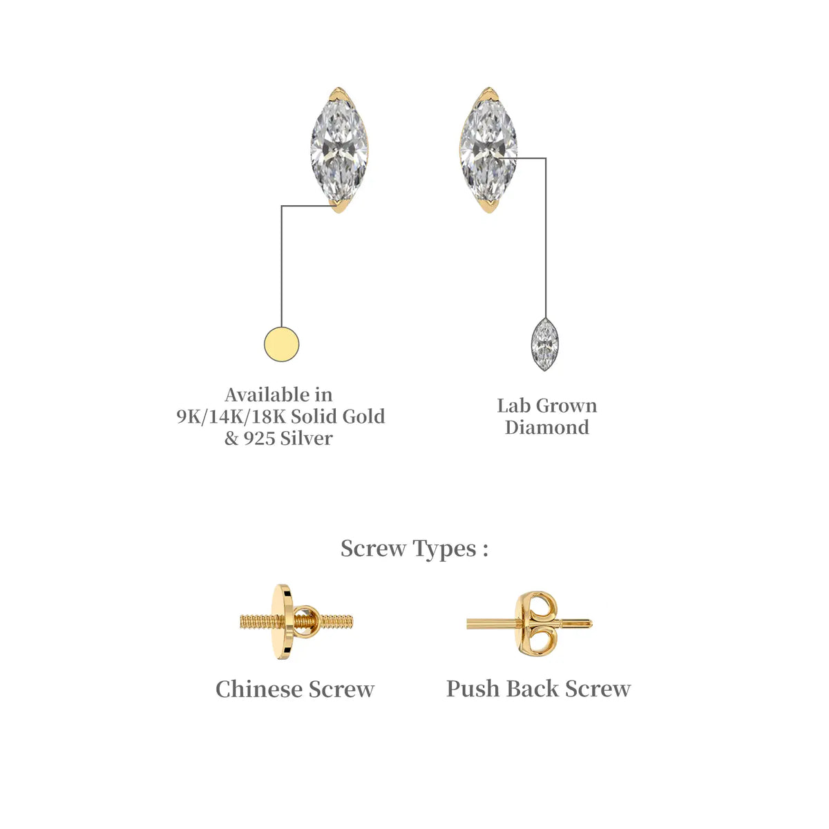 Descriptive image of yellow gold xian 纤 marquise solitaire stud earrings