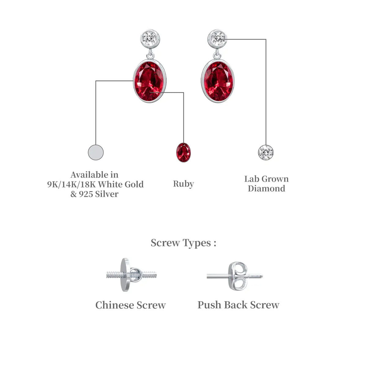 Descriptive image of hong 红 oval ruby bezel drop earrings