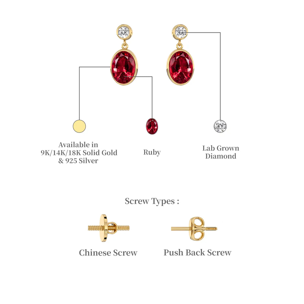 Descriptive image of yellow gold hong 红 oval ruby bezel drop earrings
