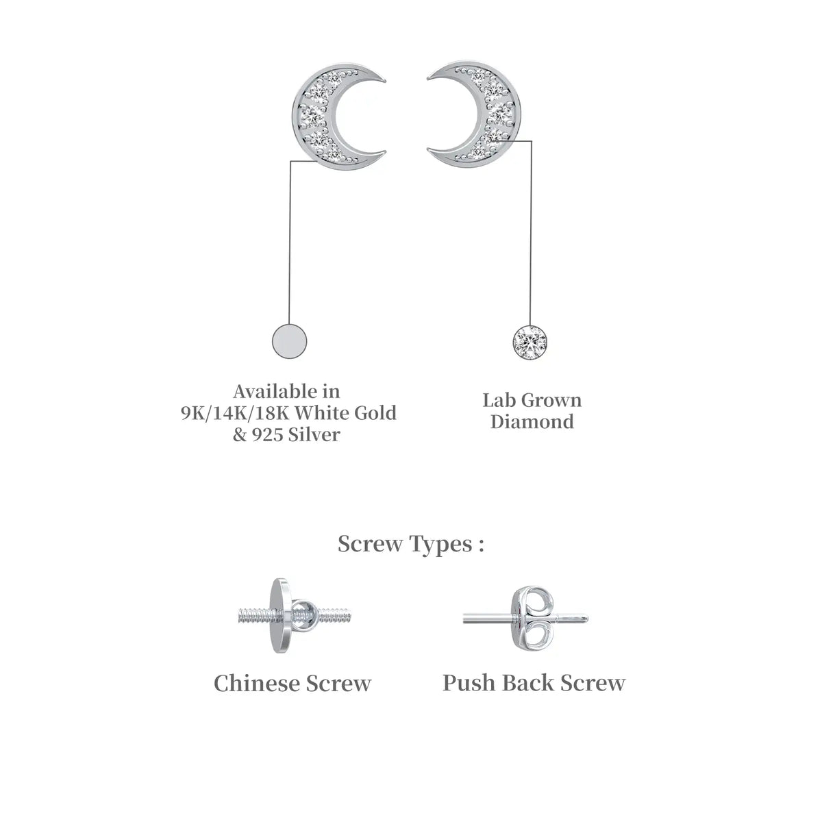 Descriptive image of yue 月 crescent moon diamond stud earrings