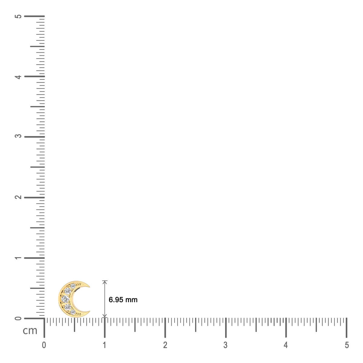 Dimension details of yellow gold yue 月 crescent moon diamond stud earrings