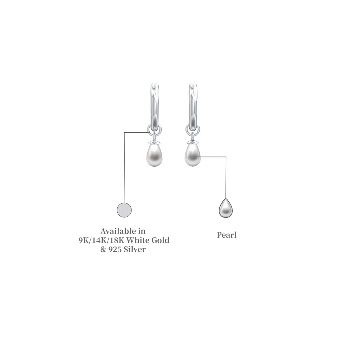 Descriptive image of white gold pearl teardrop huggie hoop earrings