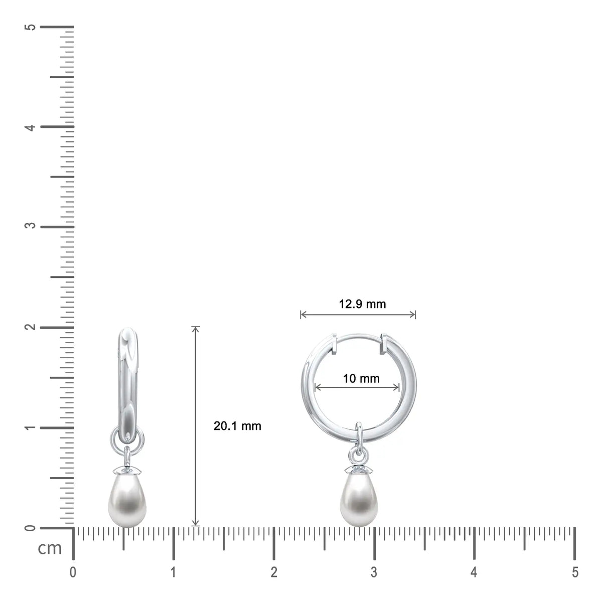 Dimension details of white gold pearl teardrop huggie hoop earrings