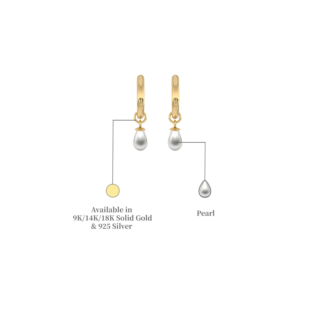 Descriptive image of yellow gold pearl teardrop huggie hoop earrings