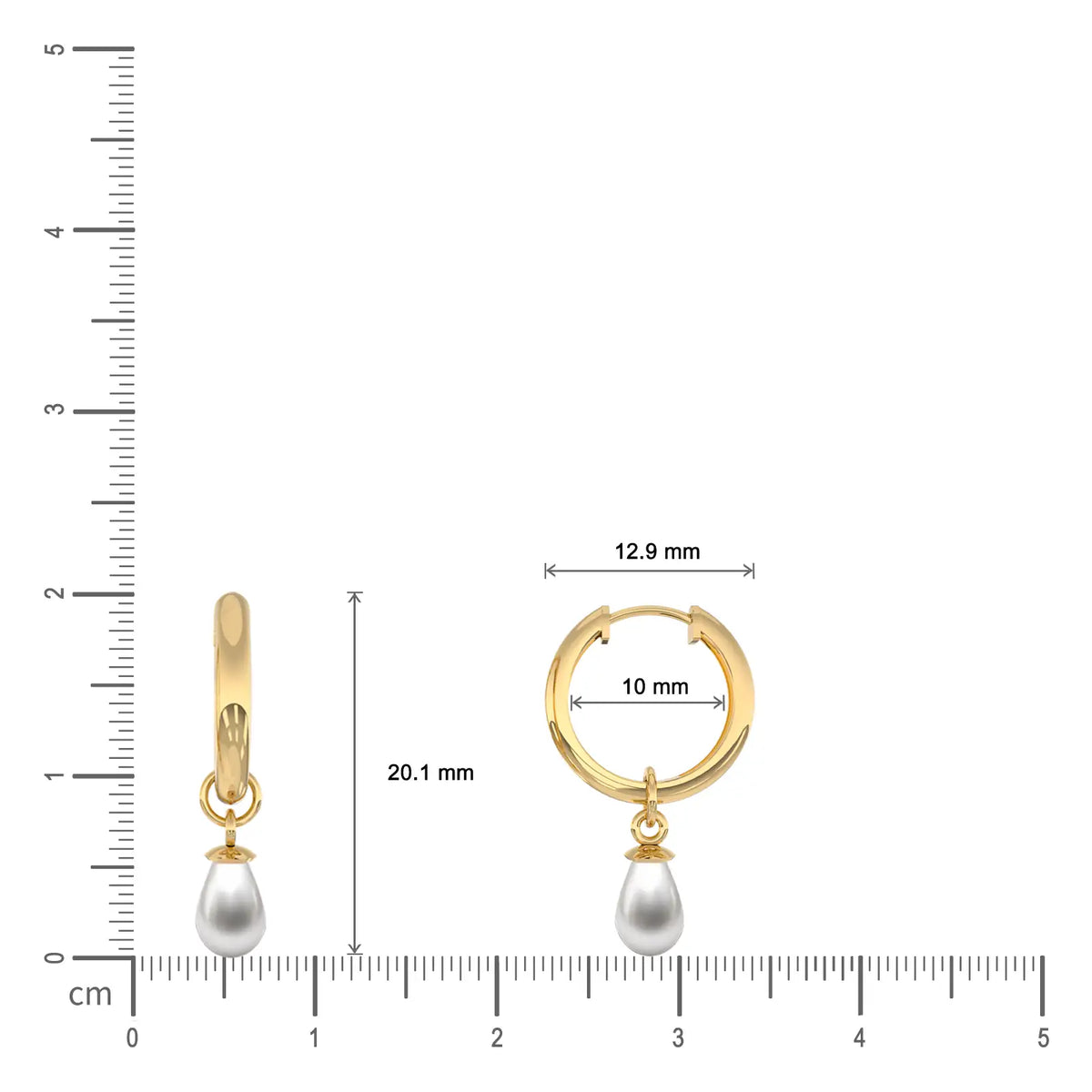 Dimension details of yellow gold pearl teardrop huggie hoop earrings