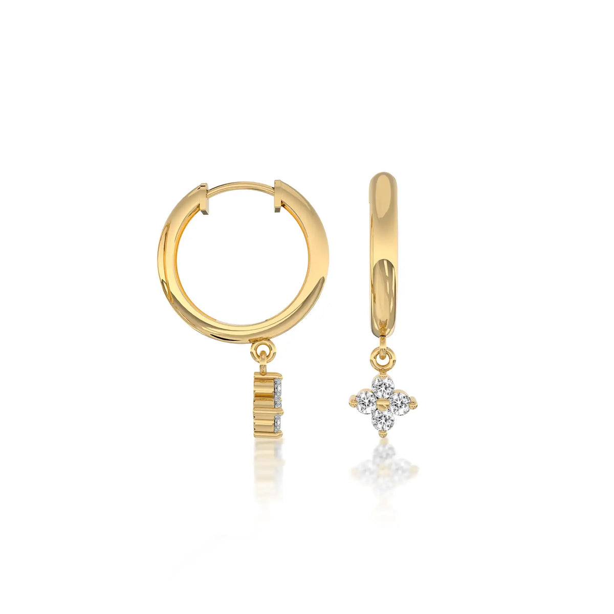 Yellow gold unique diamond floral cluster huggie hoop earrings 