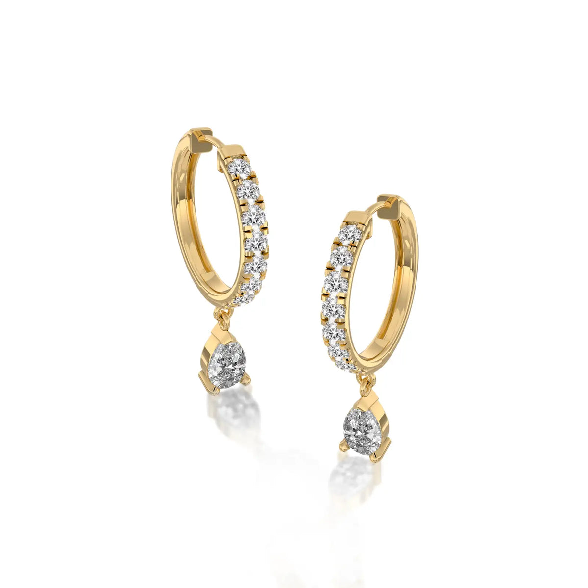 Yellow gold pear diamond dangle hoops