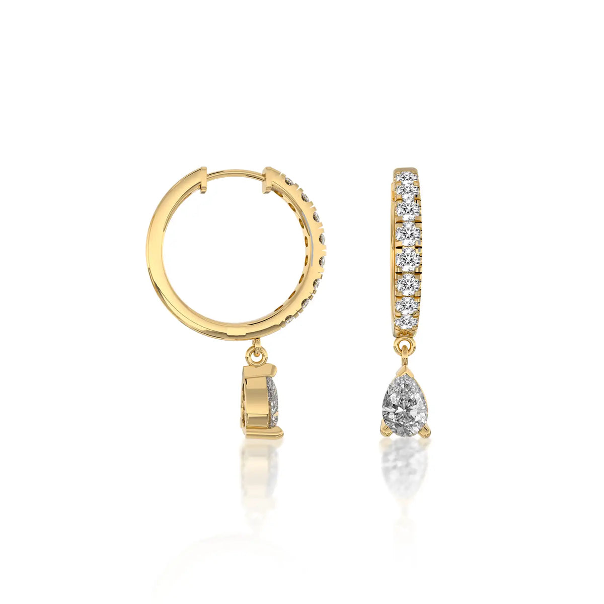Trendy yellow gold pear diamond dangle hoops