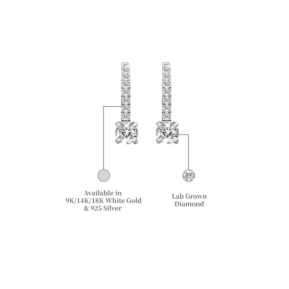 Descriptive image of white gold diamond hoops with solitaire dangles 