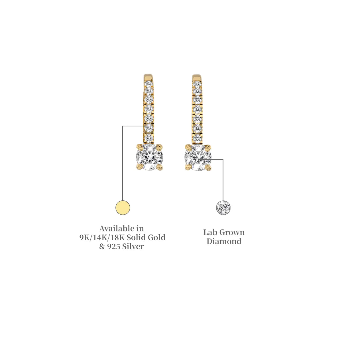 Descriptive image of yellow gold diamond hoops with solitaire dangles 