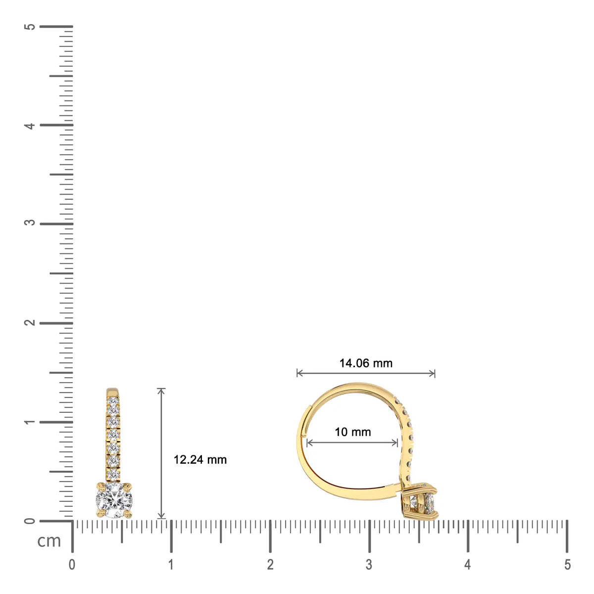 Descriptive image of yellow gold diamond hoops with solitaire dangles 