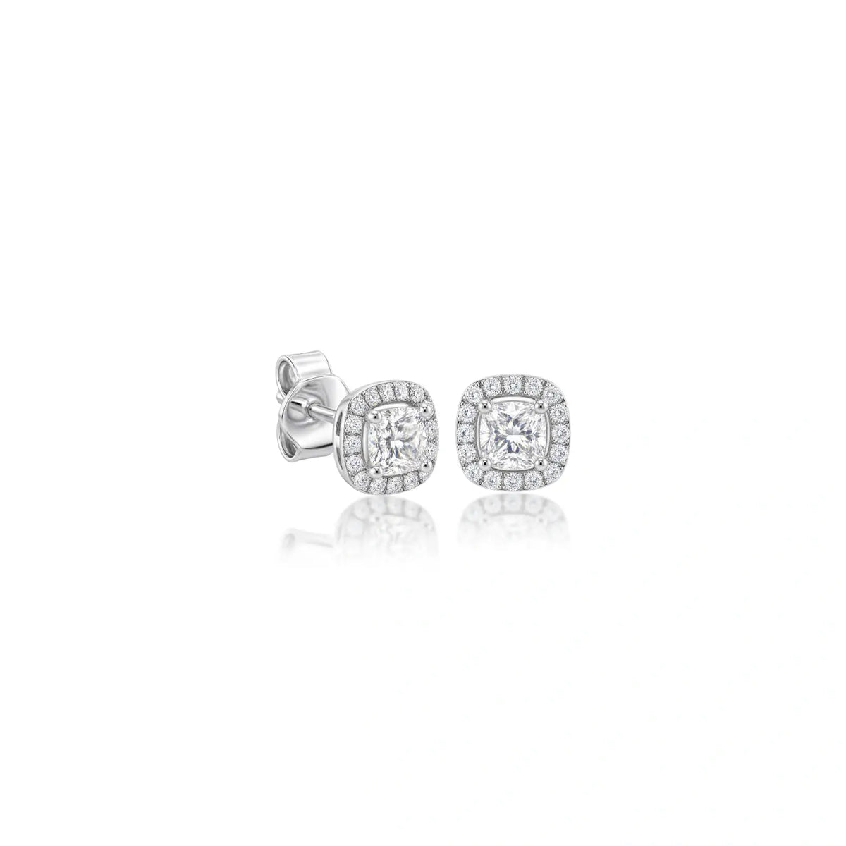 Elegant side profile of 2ct Cushion-Cut Lab Grown Diamond Halo Ear Studs by Fortune Jewellery