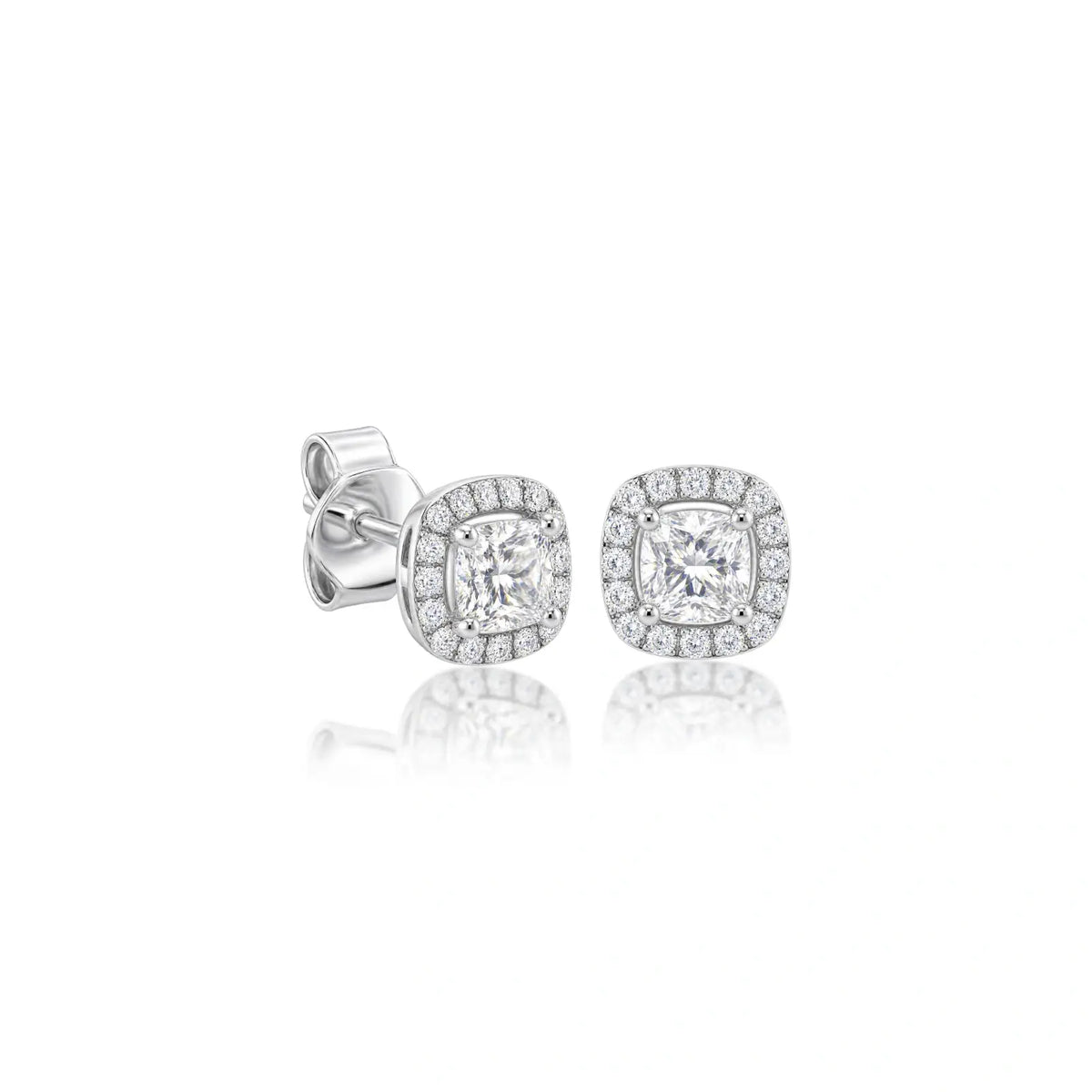 Side profile of 6ct Premium Cushion-Cut Lab Grown Diamond Halo Stud Earrings by Fortune Jewellery