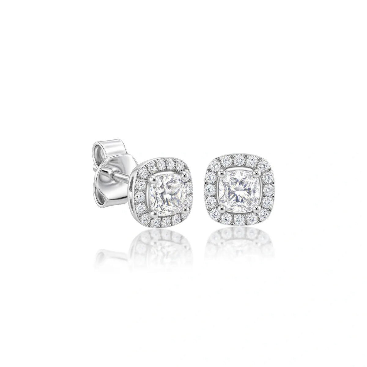 Side view of 8ct Rich Cushion-Cut Lab Grown Diamond Halo Ear Studs by Fortune Jewellery