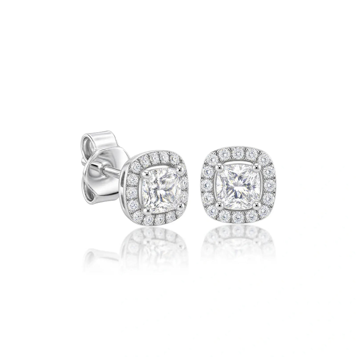 Side profile of 10ct Luxurious Cushion-Cut Lab Grown Diamond Halo Ear Studs by Fortune Jewellery