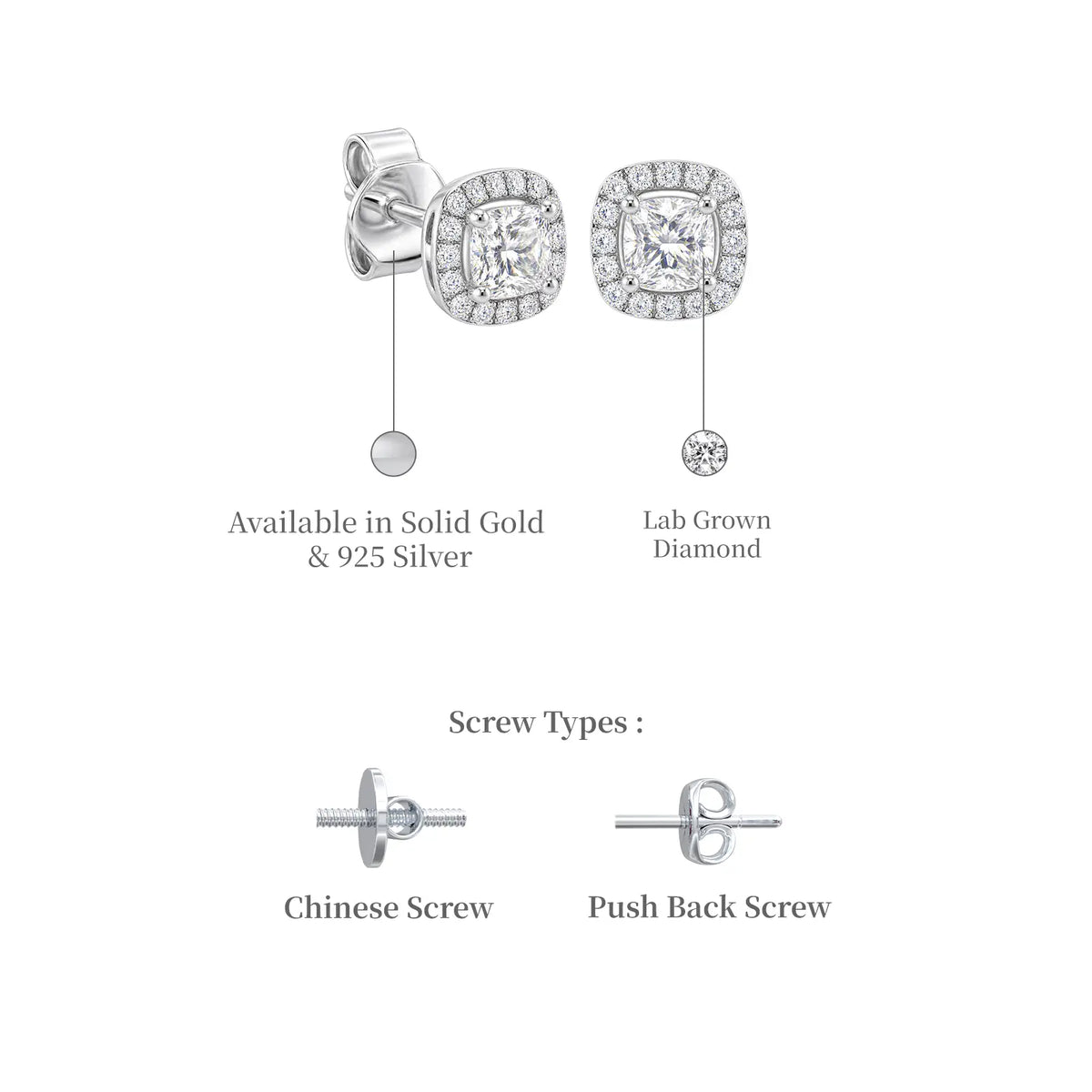 Details of 1ct Cushion-Cut Lab Grown Diamond Halo Stud Earrings