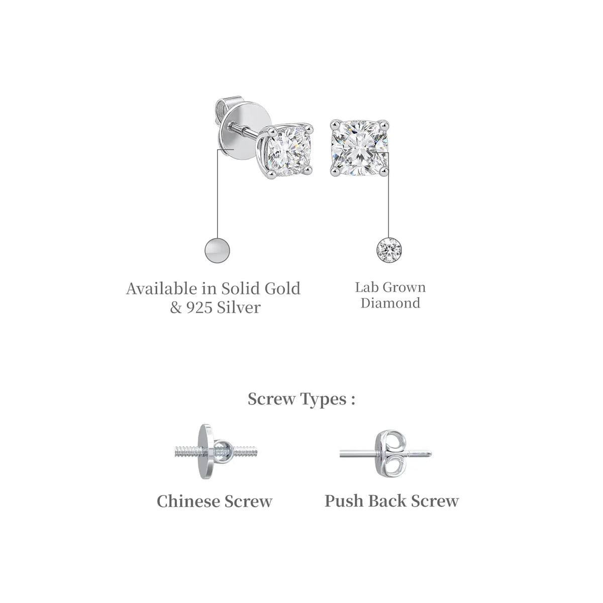 Details of 10ct Cushion-Cut Lab Diamond Solitaire Stud Earrings by Fortune Jewellery