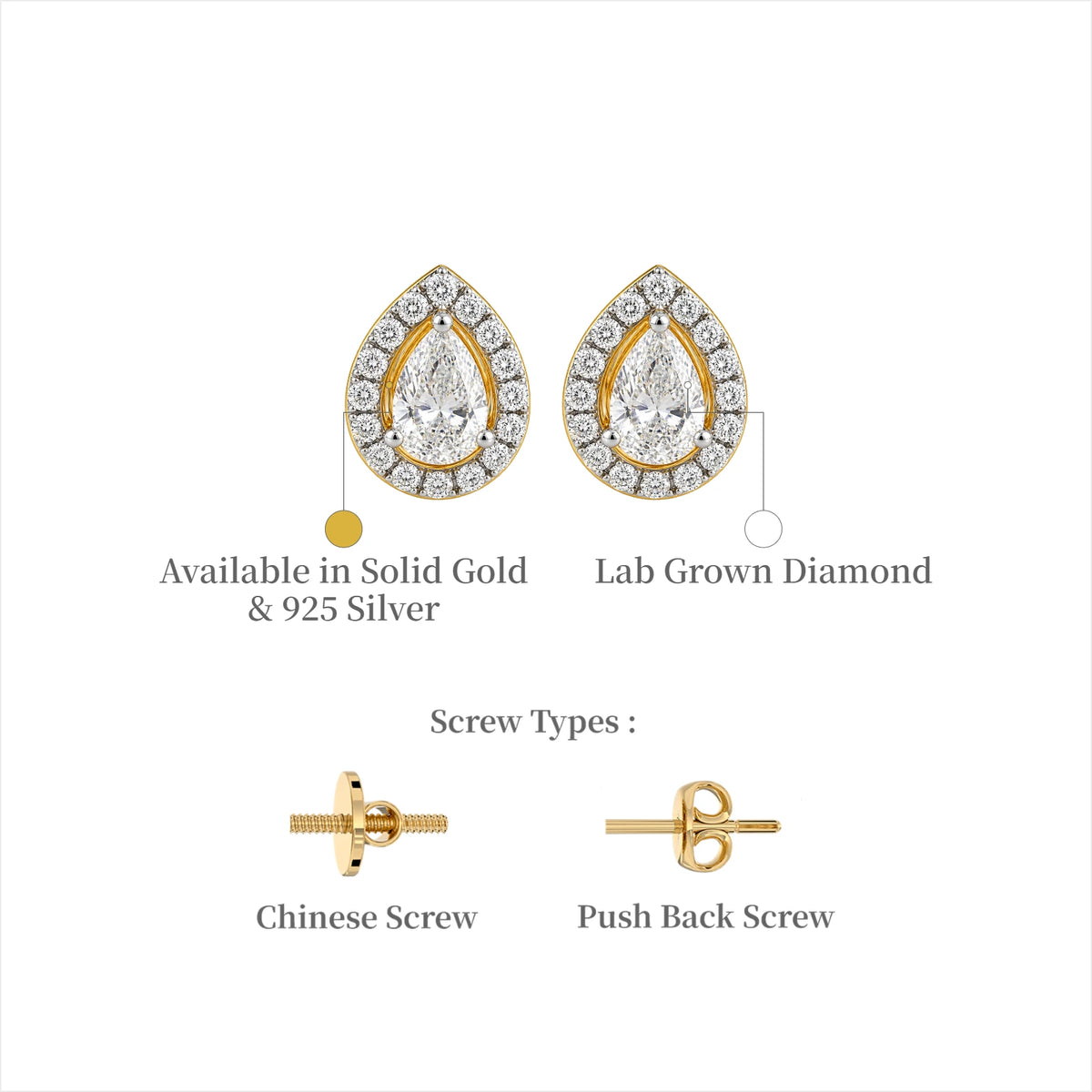 Close-up of the pear cut centre stone and halo on 1 Ct diamond ear studs