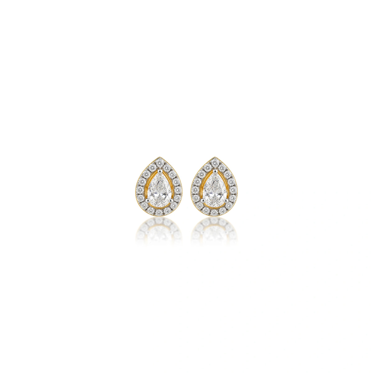 1 Ct Pear Cut Diamond Halo Ear Studs, front view of a classy pair with a sparkling halo