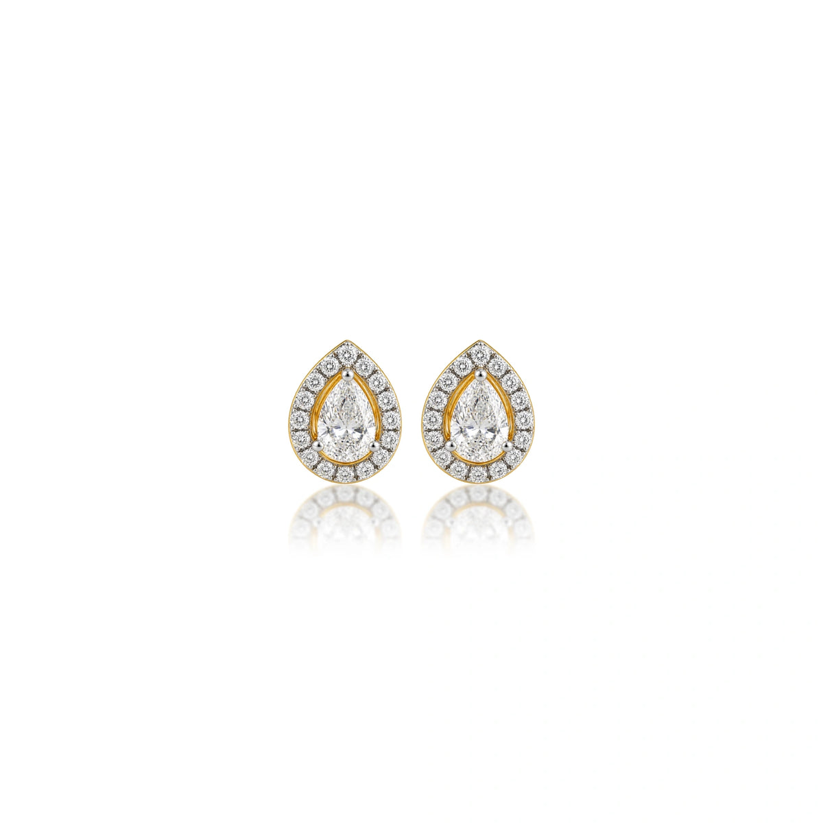1.5 Ct Pear Cut Diamond Halo Ear Studs shown front-on, radiant partywear with a polished finish