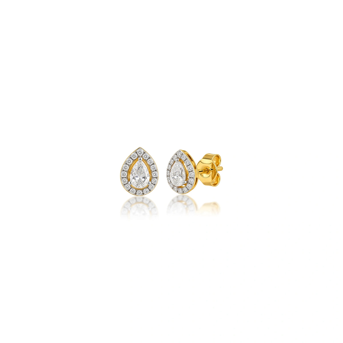 Angled view of 1.5 Ct pear cut diamond halo ear studs, a premium birthday gift