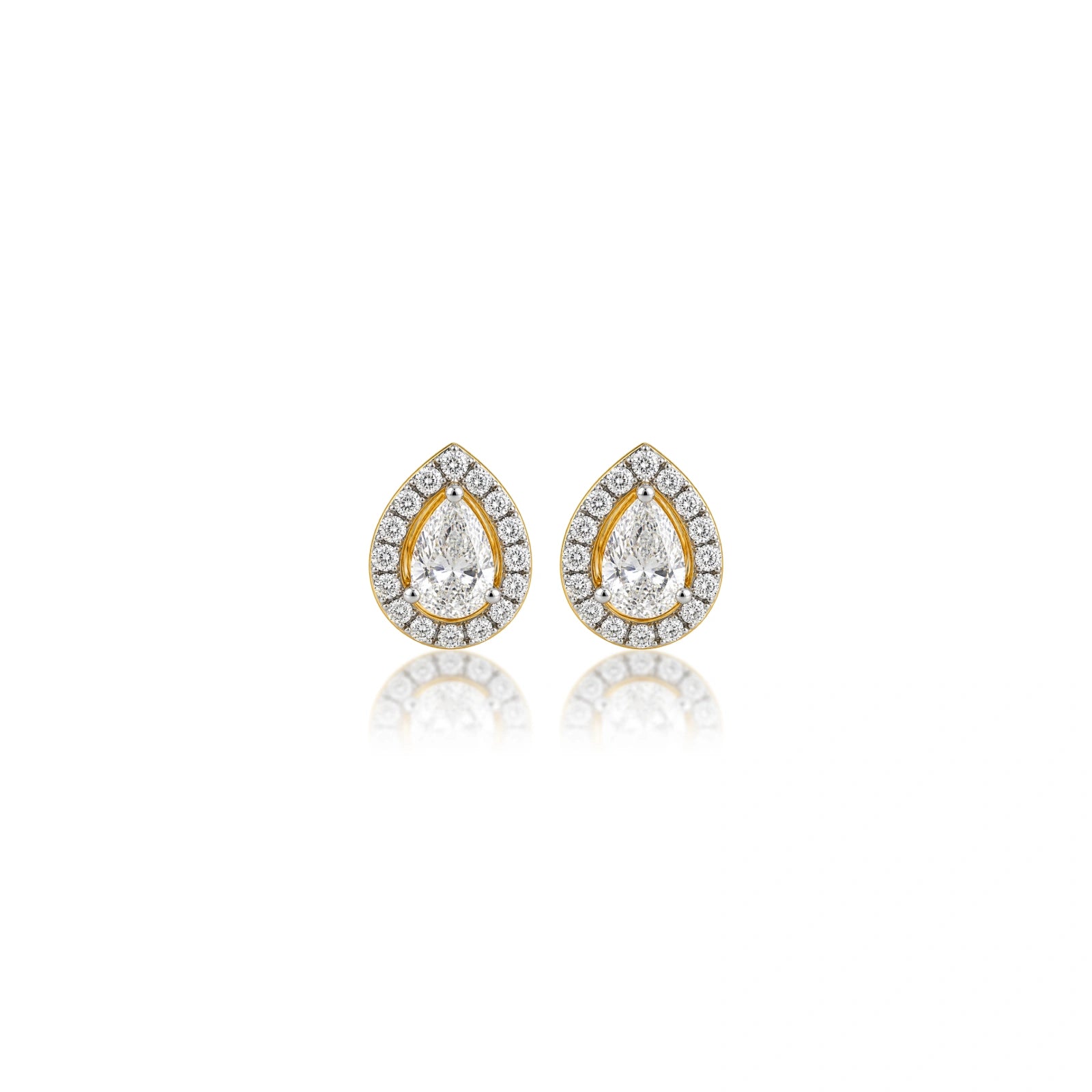 2 Ct Pear Cut Diamond Halo Ear Studs, front view of a bold pair made for special occasions
