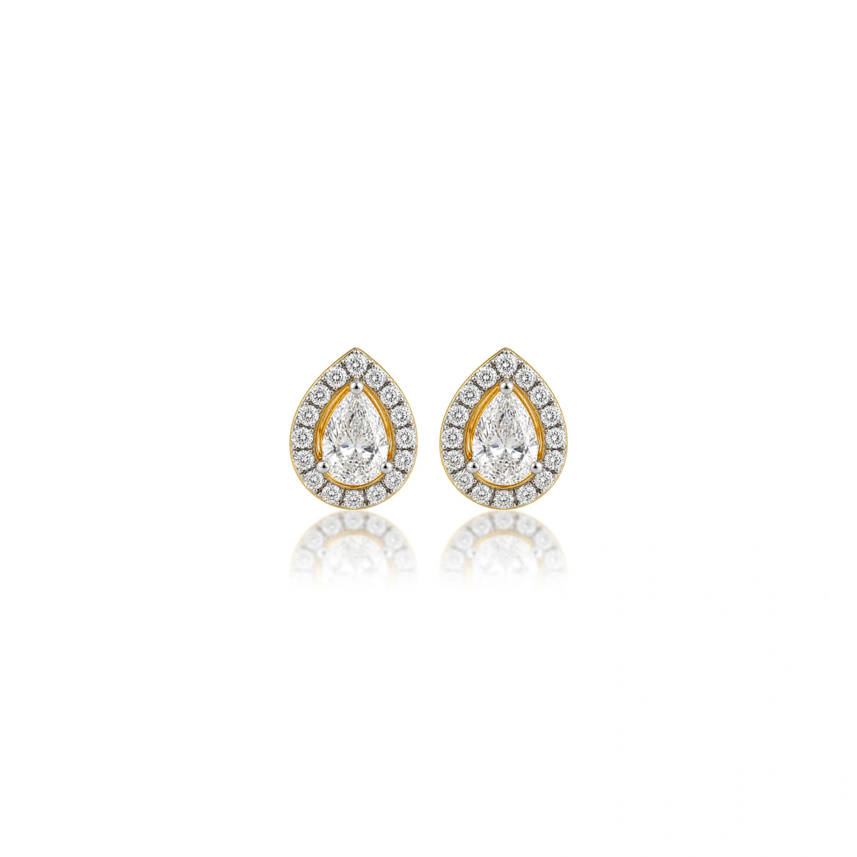 2 Ct Pear Cut Diamond Halo Ear Studs, front view of a bold pair made for special occasions