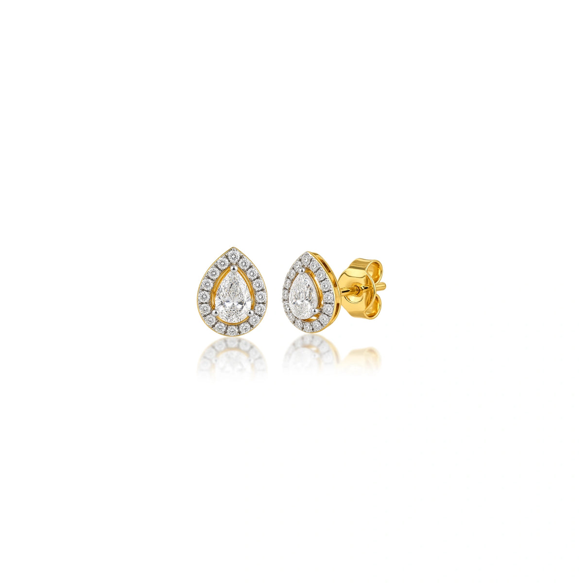 Side view of 2 Ct pear cut diamond halo ear studs, a heartfelt proposal or engagement gift