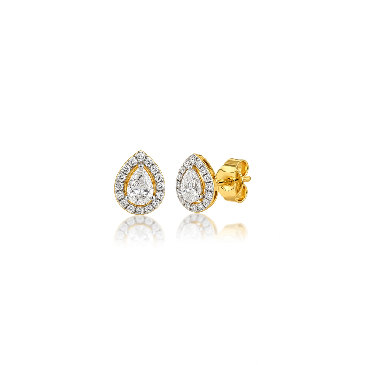 Three-quarter view of 4 Ct pear cut diamond halo ear studs with a dazzling halo
