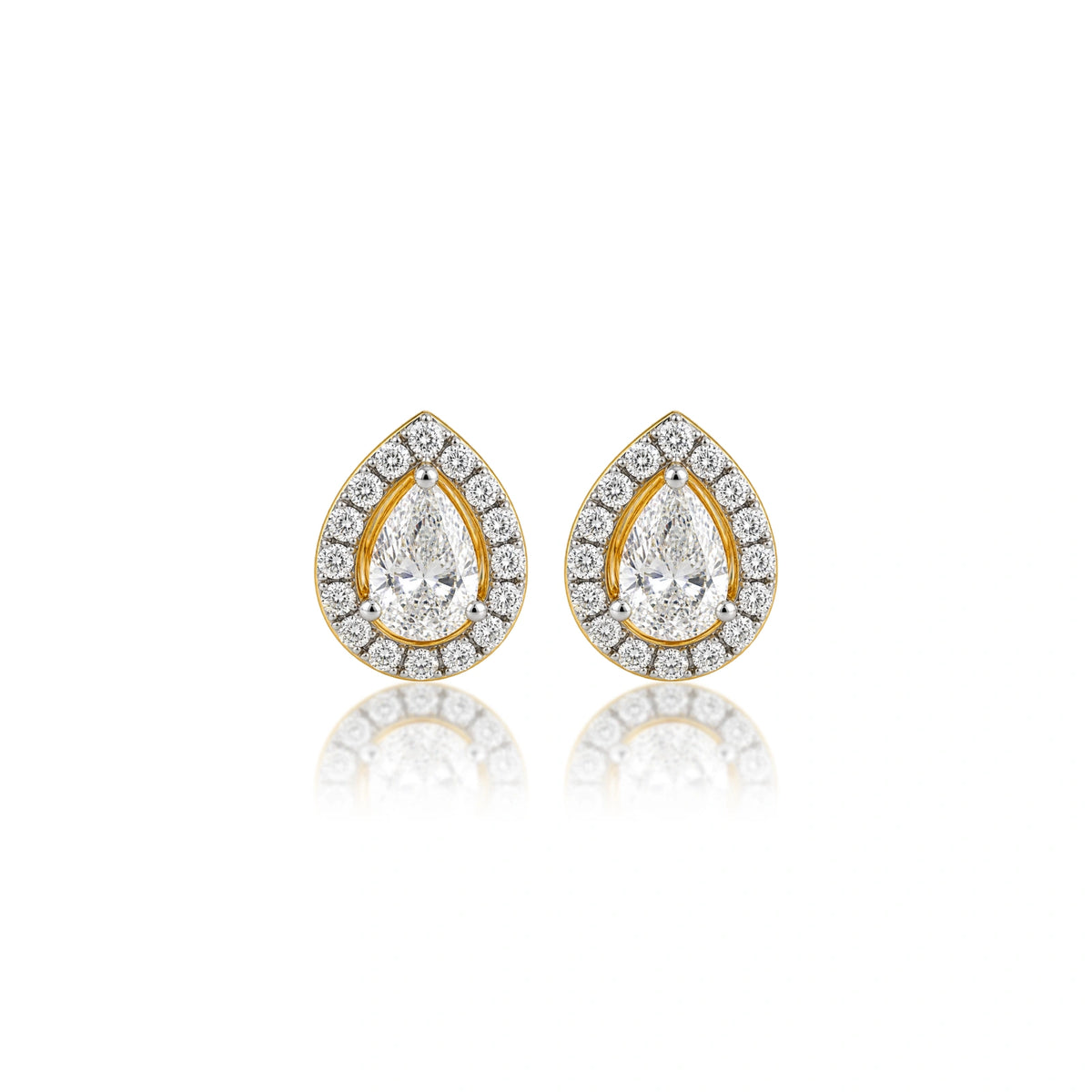 6 Ct Pear Cut Diamond Halo Ear Studs, a grand, show-stopping pair in front view