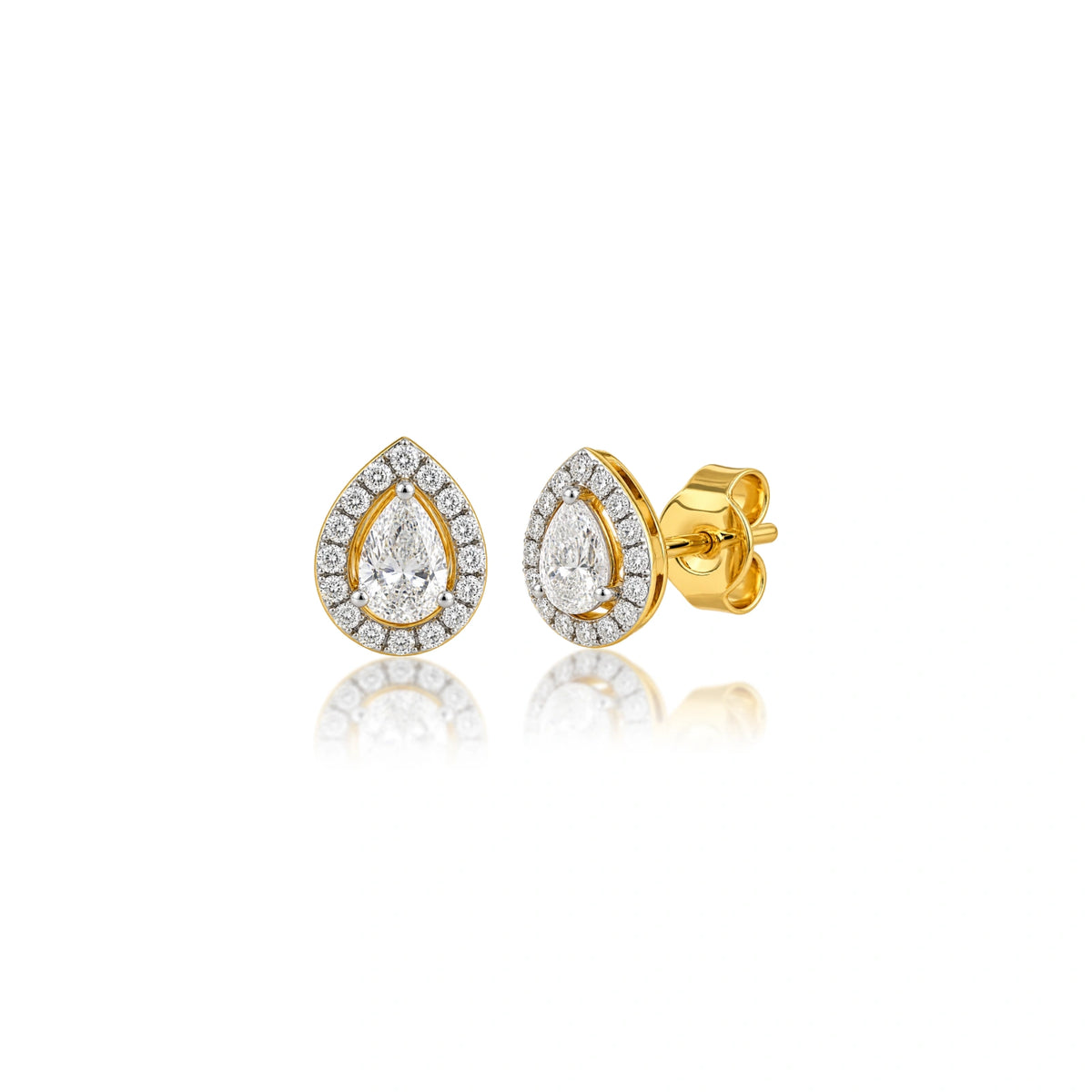 Side profile of 6 Ct pear cut diamond halo ear studs, exceptional wedding-day jewellery