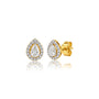 Angled view of 8 Ct pear cut diamond halo ear studs, a milestone anniversary gift