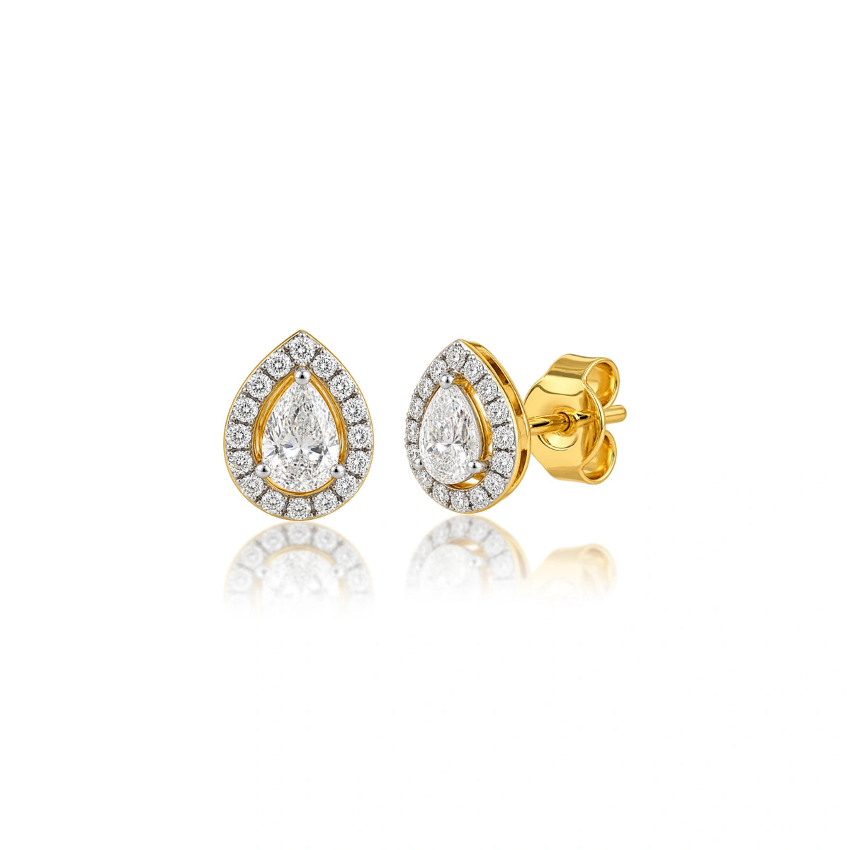 Angled view of 8 Ct pear cut diamond halo ear studs, a milestone anniversary gift