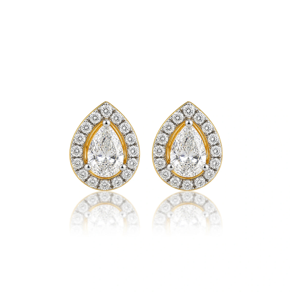 10 Ct Pear Cut Diamond Halo Ear Studs, an heirloom-worthy pair in front view