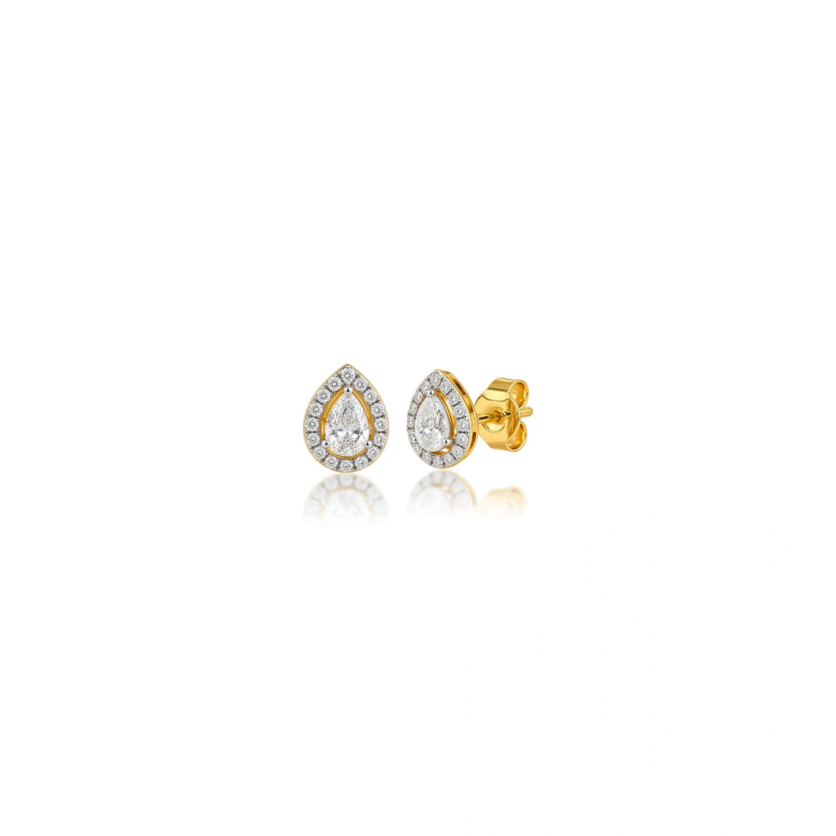 Side profile of 1 Ct pear cut diamond halo ear studs, a refined everyday luxury