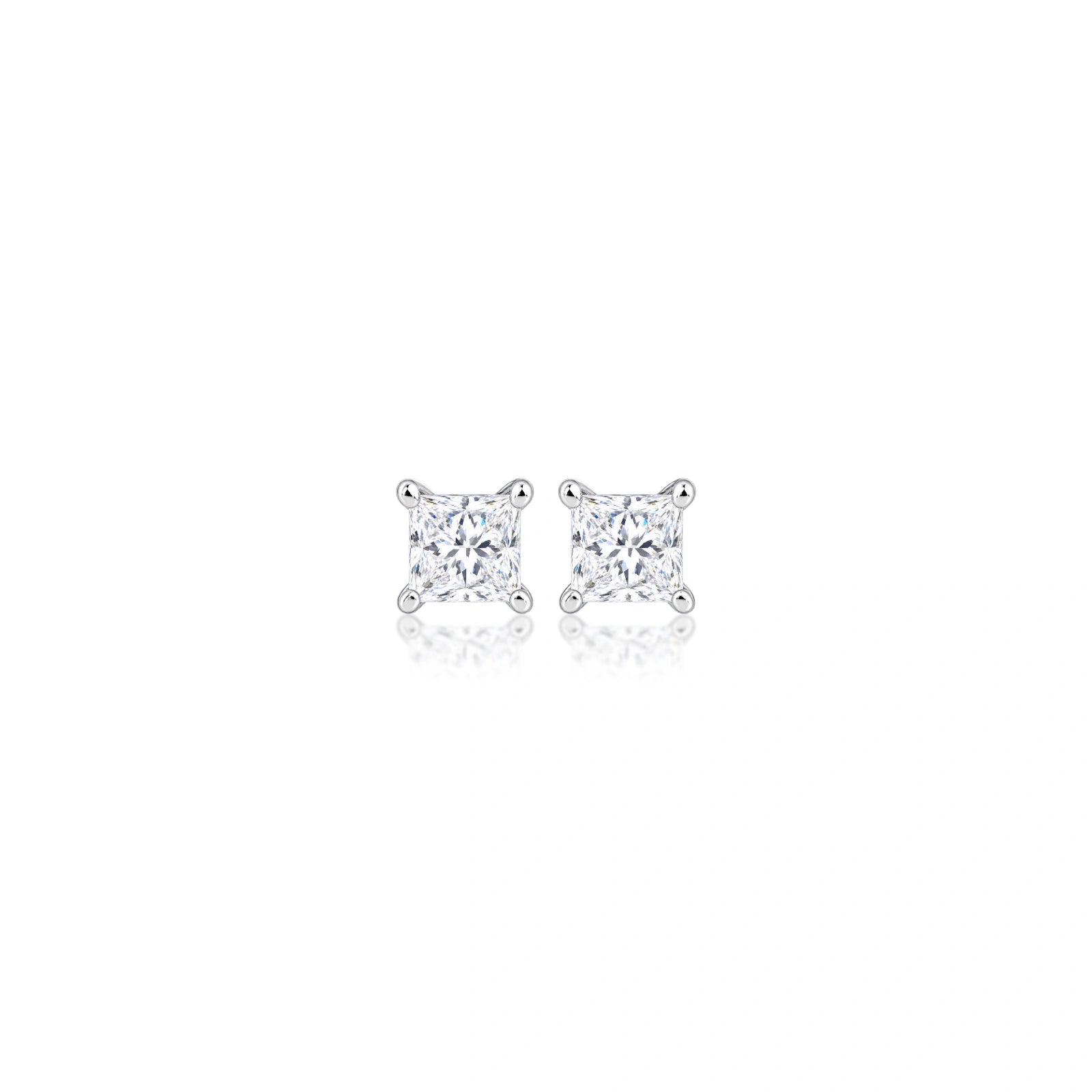 Pair of 1 Ct Princess Cut Diamond Solitaire Ear Studs, crisp square stones with a clean, timeless look