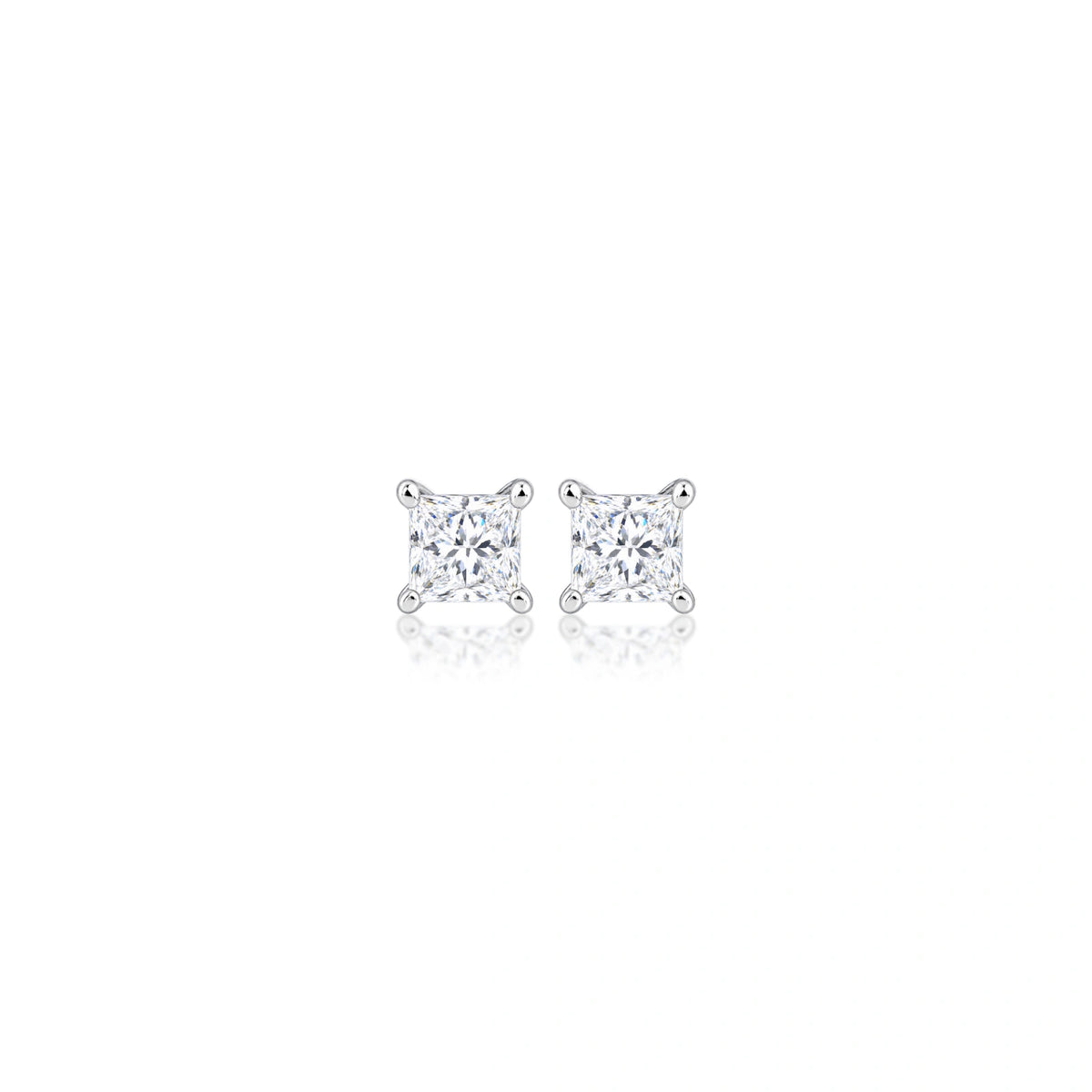 Pair of 1 Ct Princess Cut Diamond Solitaire Ear Studs, crisp square stones with a clean, timeless look