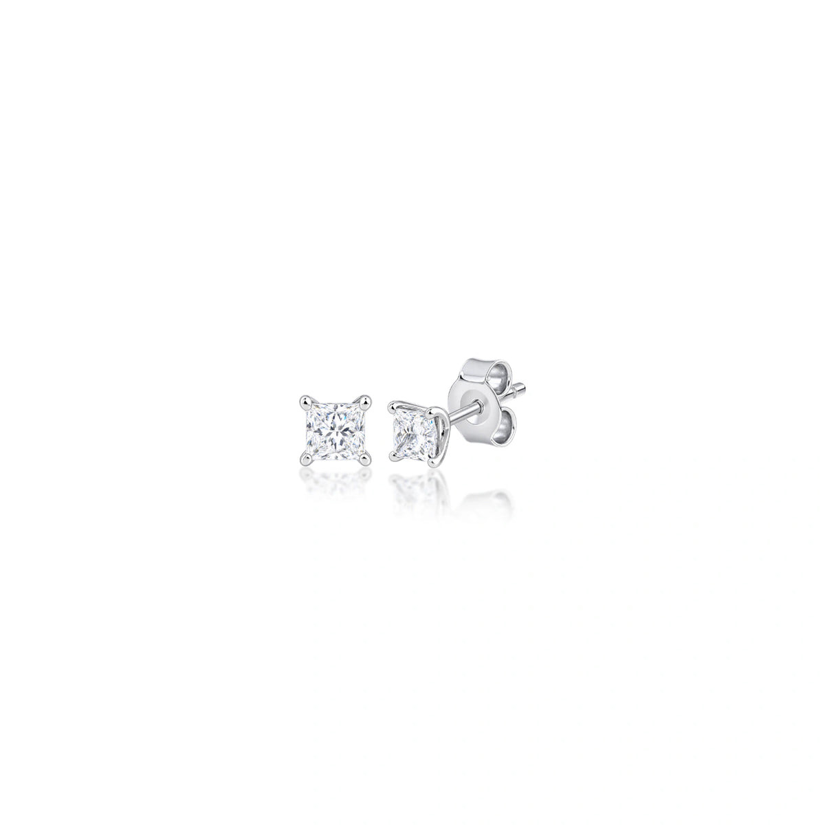 Side view of 1 Ct princess cut solitaire diamond ear studs in a secure four-prong setting