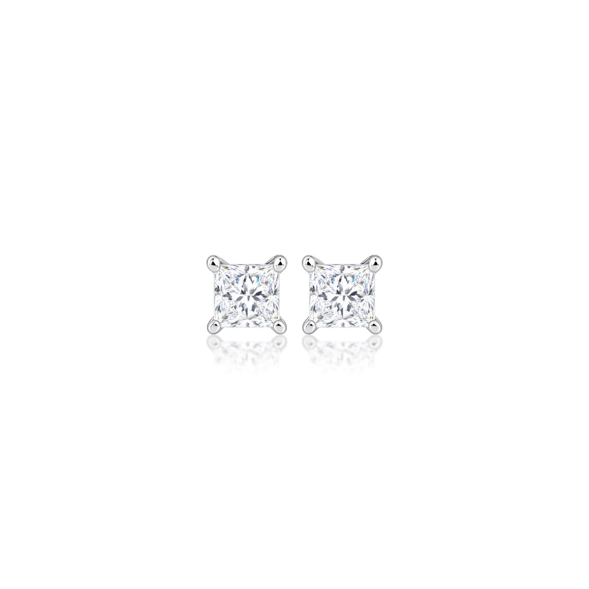1.5 Ct Princess Cut Diamond Solitaire Ear Studs, front view of a polished pair with a modern, geometric charm