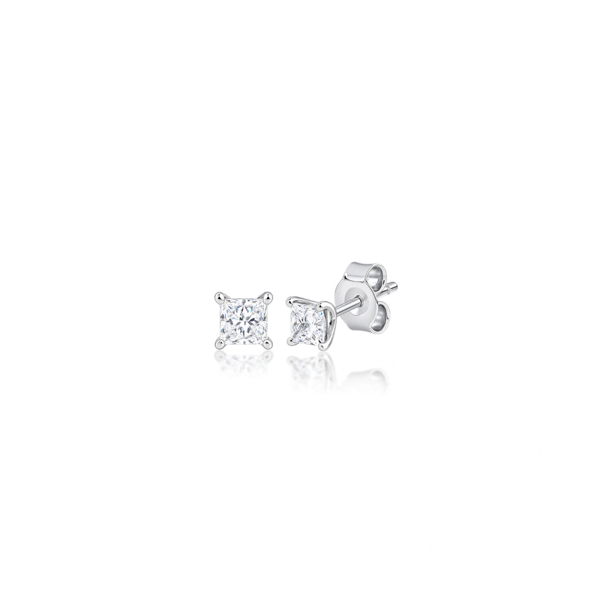 Angled shot of 1.5 Ct princess cut solitaire studs, a thoughtful birthday gift for her