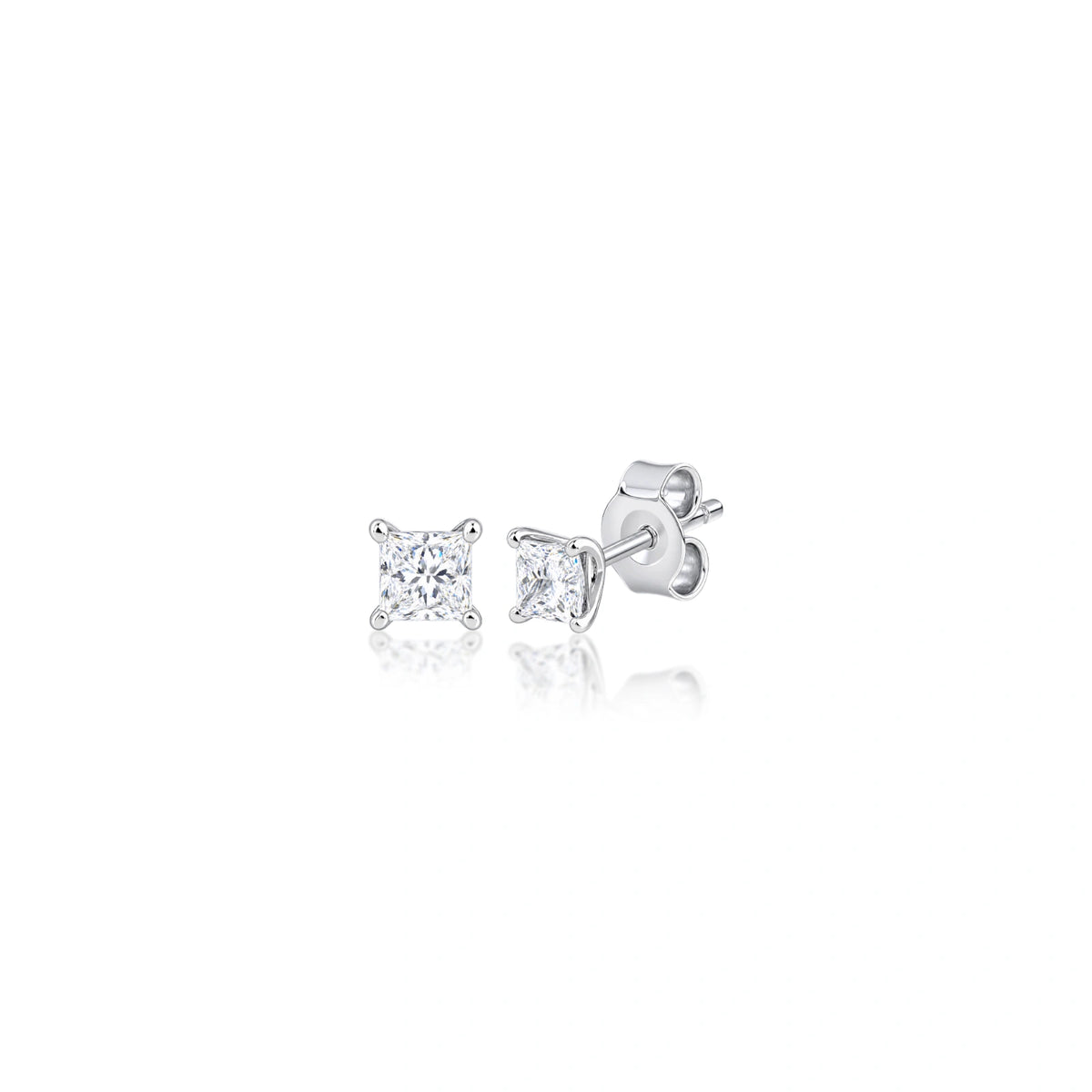Side profile of 2 Ct princess cut diamond solitaire studs, a memorable engagement or proposal present