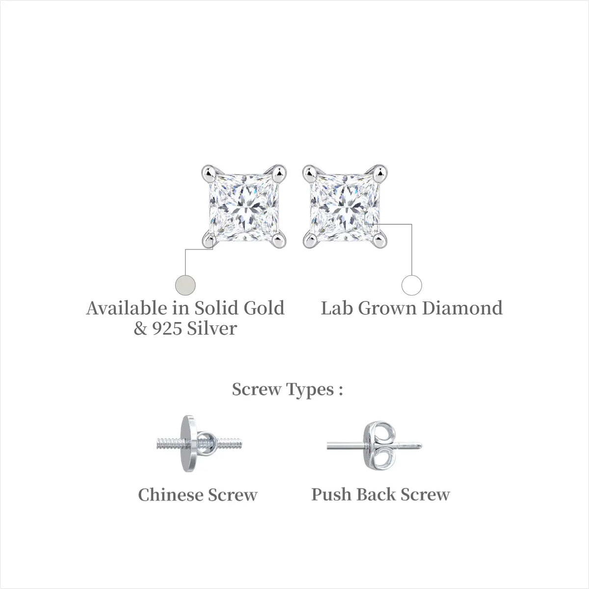 Macro view of the mirror-like facets on 2 Ct princess cut diamond ear studs