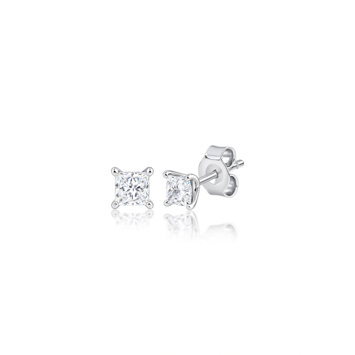 Three-quarter view of 4 Ct princess cut solitaire diamond studs, lavish partywear with presence