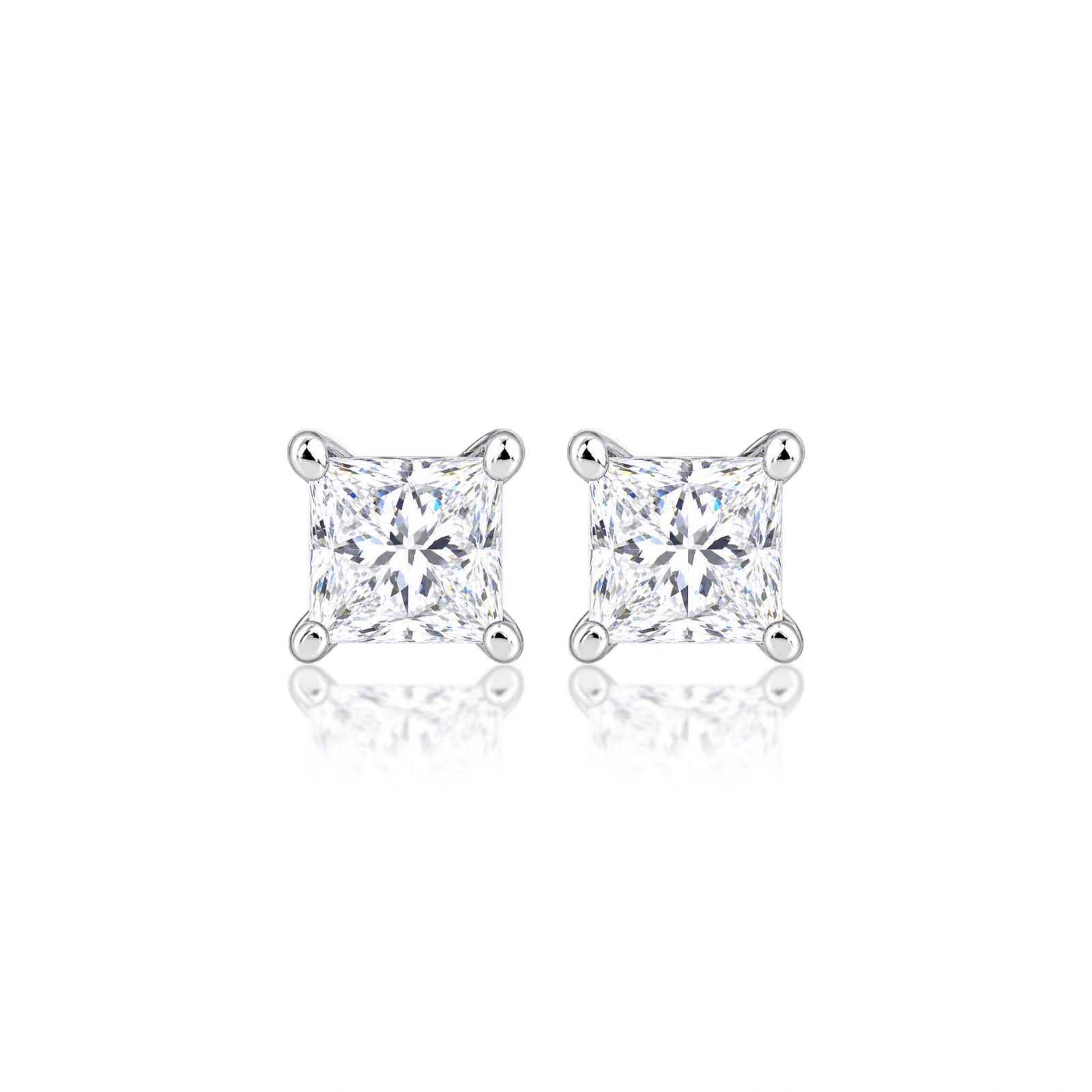 8 Ct Princess Cut Diamond Solitaire Ear Studs, majestic pair presented head-on