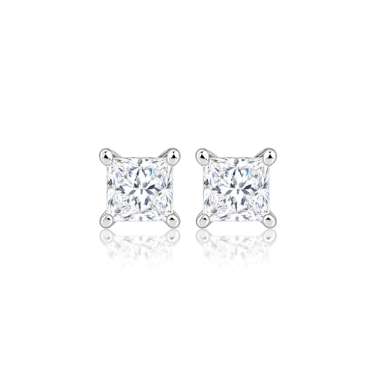 8 Ct Princess Cut Diamond Solitaire Ear Studs, majestic pair presented head-on