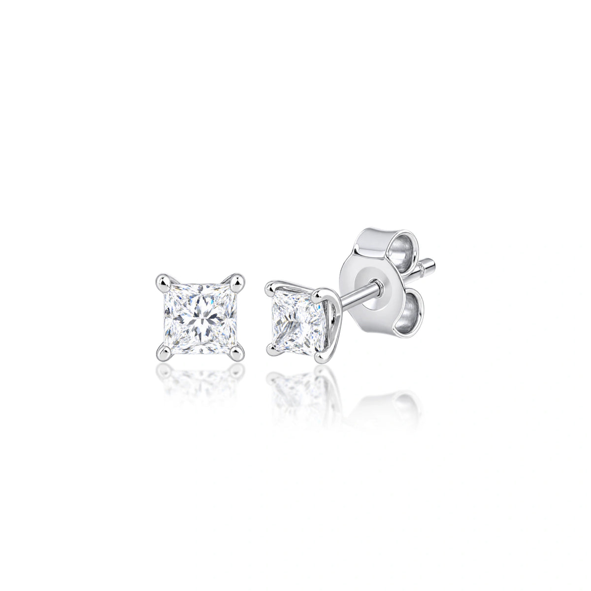 Angled view of 8 Ct princess cut solitaire diamond studs, a landmark anniversary gift