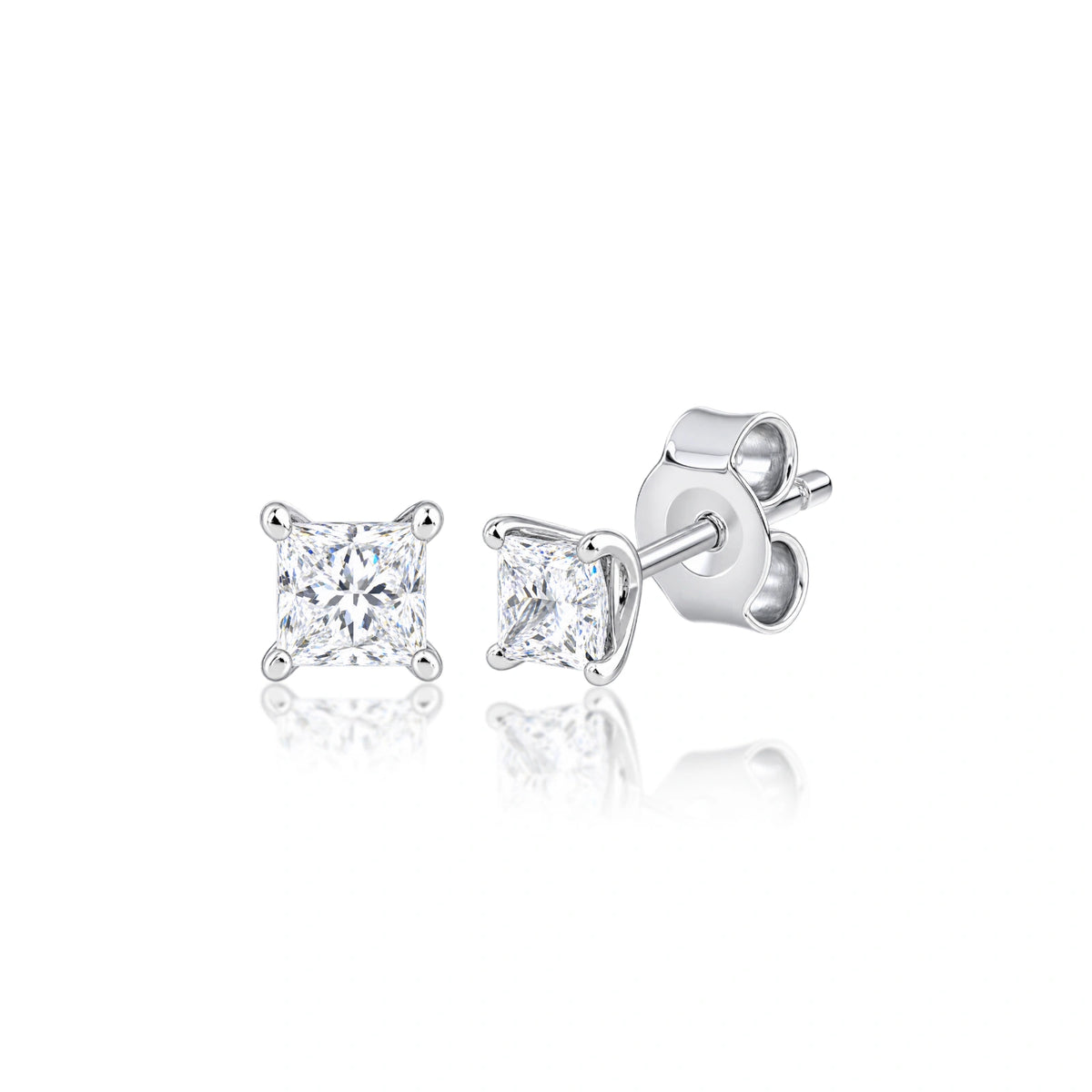 Side profile of 10 Ct princess cut diamond solitaire studs, the pinnacle of gifting