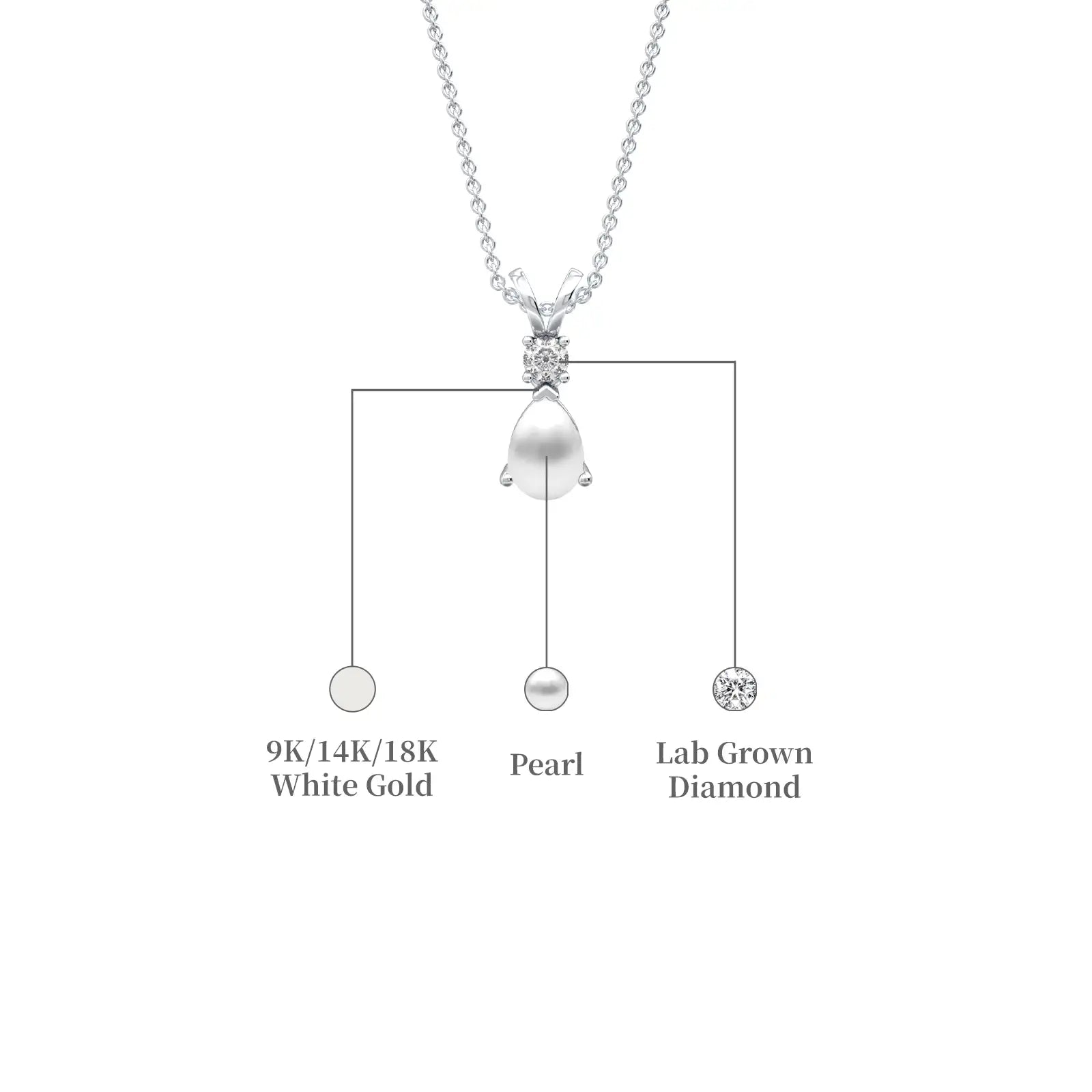 White gold descriptive image of june birthstone pear shaped mother of pearl and diamond pendant