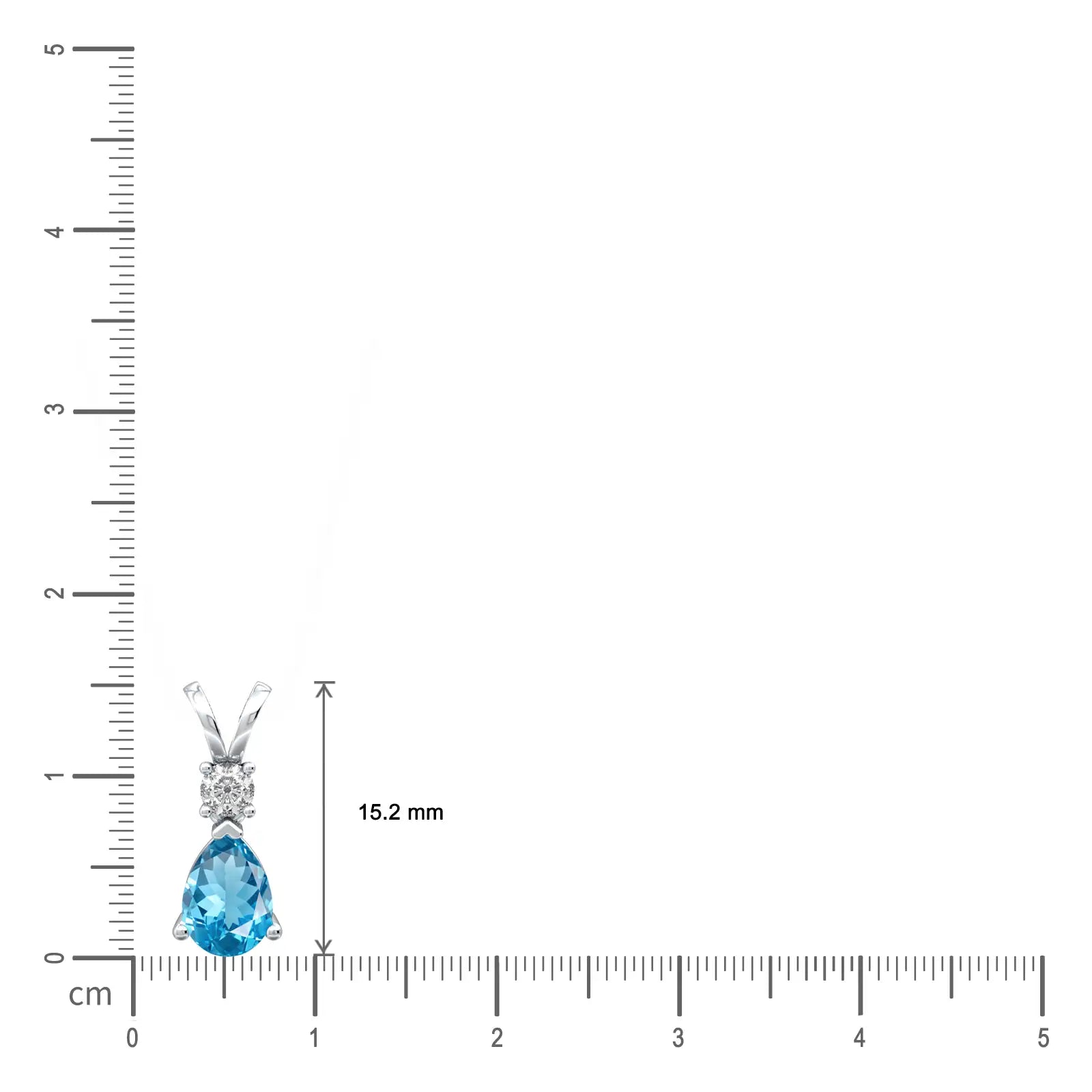 White gold scale image of march birthstone pear shaped swiss blue topaz and diamond pendant